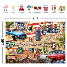 HANYING Vintage Route 66 Backdrop,Classic Car Motorcycle Route Gas Station Route Map Photography Background,Retro Car Birthday Party Decoration Portrait Studio Props 7x5ft HY069YL