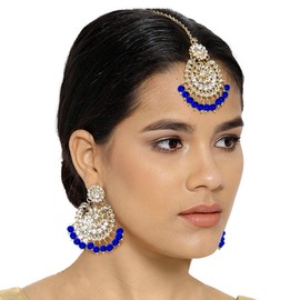 Aheli Exquisite Design Faux Kundan Beaded Earrings Maang Tikka Set Ethnic Indian Jewelry Gift for Women Blue