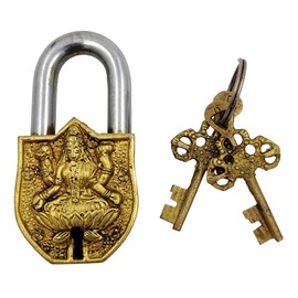 Purpledip Brass Antique Design Padlock: Ma Lakshmi, Hindu Goddess of Wealth & Fortune (10007)