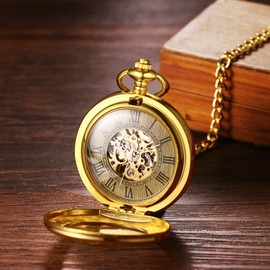 JewelryWe Pocket Watch Automatic Mechanical Men's Retro Roman Numerals Steampunk Skeleton Watch with Chain, Carved Floral Pattern - Gold