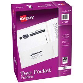 Avery Two Pocket Folders, Holds up to 40 Sheets, Business Card Slot, 25 White Folders (47991)