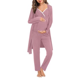 SWOMOG Maternity Nursing Robe Set 3 Piece Breastfeeding Pajamas 3 in 1 Labor Delivery Sleevless Tops&Long Pants Pregnancy Pjs