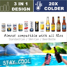 3 In 1 Insulated Universal Can Cooler - Signice Double Walled Vacuum Insulator Stainless Steel Slim Can Cooler for 12 Oz Skinny Tall Standard Regular Can Beer Bottle (Flag)