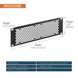 Tecmojo Vented 2U Blank Rack Mount Panel, Steel Patch Panel Filler for 10" Width Server Rack, Network Cabinet, Data Center, Home Labs, Black (2 Pack)