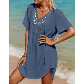 SimpleFun Swimsuit Coverup Dress for women Lightweight V Neck Beach Cover Ups for Swimwear Cruise Ship Clothes Haze Blue L