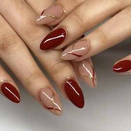 Burgundy Red Press on Nails Medium Almond Fake Nails with Gold Glitter Wine Dark Red Stripe Design Maroon Curve False Nails Glossy Glue on Nails Acrylic Artificial Stick on Nails for Women Girls 24Pcs