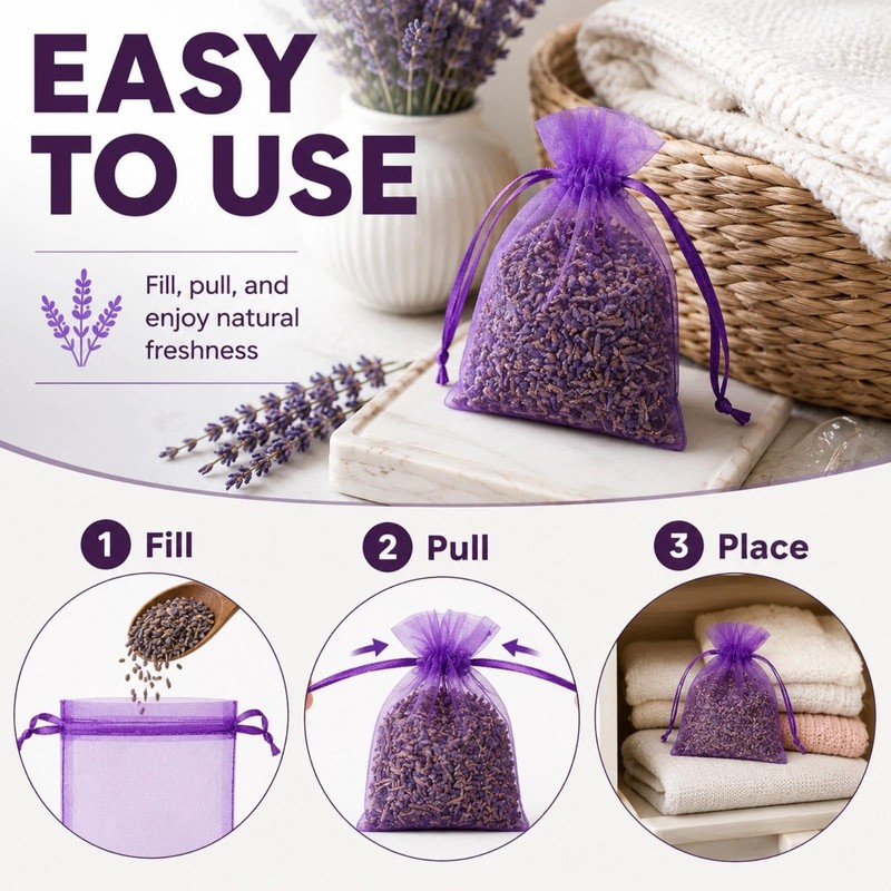20 Pack Empty Lavender Sachet Bags Empty, Purple Organza Drawstring