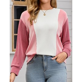LA BAIESO Womens Long Sleeve Tops Color Block Crewneck Knitted Casual Pullover Sweatshirt Loose Fit Fall Trendy Tops A-red