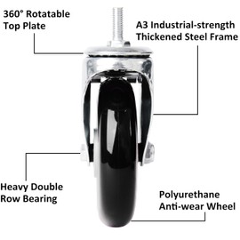 Finnhomy Swivel Caster Wheels 5 Inch Threaded Stem Casters Set of 4 Heavy Duty 3/8"-16 x 1 with Brake Polyurethane Industrial Locking Castors Wheels for Cart/Furniture 2200 Lb Smooth Caster, Black