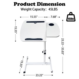 onaner Laptop Table for Couch,Height Adjustable Moving Desk with Wheels & Overbed Tables, Mobile Rolling Computer Cart as Hospital Bed Table for Home Use