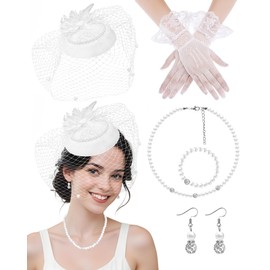 5PCS Fascinators Hat for Women Tea Party Mesh Ribbons Feathers on a Headband and a Clip for 1920s Party White