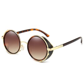 Dollger Steampunk Vintage Retro Round Sunglasses Metal Circle Leopard Frame (Brown Lens+Leopard Frame,100% UV Protection Lens)