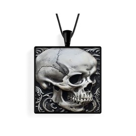 Skull Cameo Style Look Square Black Pendant on Black Cord Necklace/Necklace/Gothic Jewelry