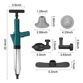 sourcing map Air Toilet Plunger Drain Blaster, Air Clog Remover Tool, Air Plungers with 4 Replaceable Heads, High Pressure Drain Plunger for Unclogger Toilet Sink Sewer Pipe Clog, Green
