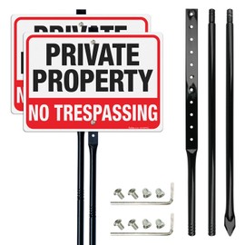 Faittoo Large No Trespassing Sign Private Property with 54" Metal Thick Stake, 2 Pack14"x10" Rust Free Heavy Aluminum, Reflective, Fade Resistant, Easy to Mount, Outdoor use