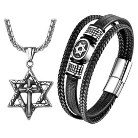 OIDEA Star of David Necklace Bracelet Set: Stainless Steel Cross Hexagon Pendant Necklace Multilayer Braided Leather Bracelet Jewish Isael Jewelry Gifts for Men Women