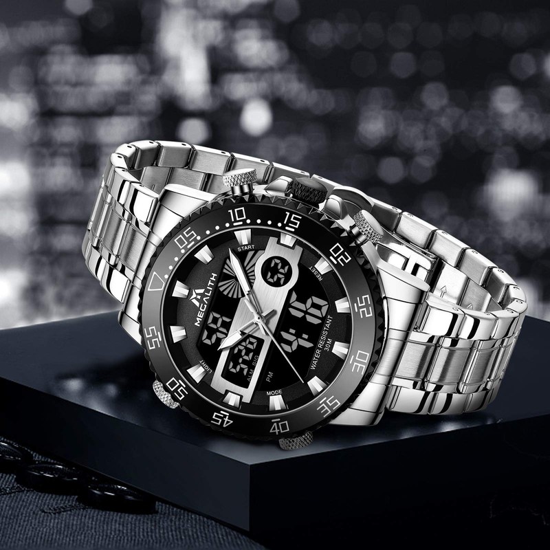 MEGALITH Watches for Men Military Digital: Silver Stainless Steel Waterproof