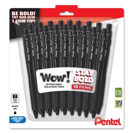 Pentel Wow! Retractable Ballpoint Pen, (1.4mm), Bold Line, Black Ink, Pack of 18 (BK444BP18A)