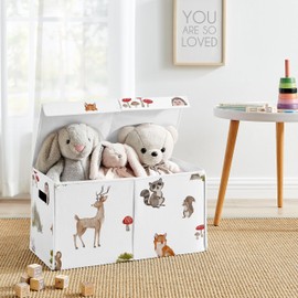 Sweet Jojo Designs Woodland Forest Animals Boy Girl Gender Neutral Unisex Collapsible Toy Storage Box Chest Organizer with Lid Baby Nursery Kid Children Room Bear Fox Hedgehog Deer Squirrel Watercolor