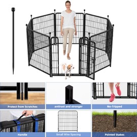 ADAVIN Tall Garden Fence with Gate, 48 in(H) 8 Panels Heavy Duty Iron Metal Animal Barrier Fence, Indoor Dog Playpen, Temporary Fencing, Dog Fence Outdoor for Yard, Total17.7 Ft(L), Black