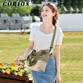 CORIOS Canvas Shoulder Bag Women's Handbag Multifunctional Tote Bag Casual Tote Bag Small Capacity Handbag for School Shopper Travel Work, Green, Retro