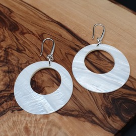 THEPRETTYBITS White Mother Of Pearl Hoop Earrings, Long Dangle Drop, Natural Round Shell, Sterling Silver Hooks, Handmade Boho Chic Statement