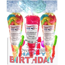 Over The Hill Happy Birthday Series Bright Sour Worms And Red Wild Cherry Gummi Gummy Bears (NET WT 31 OZ) (Pack of 3) In 1 Box Gourmet Kruise Signature Gift Bags