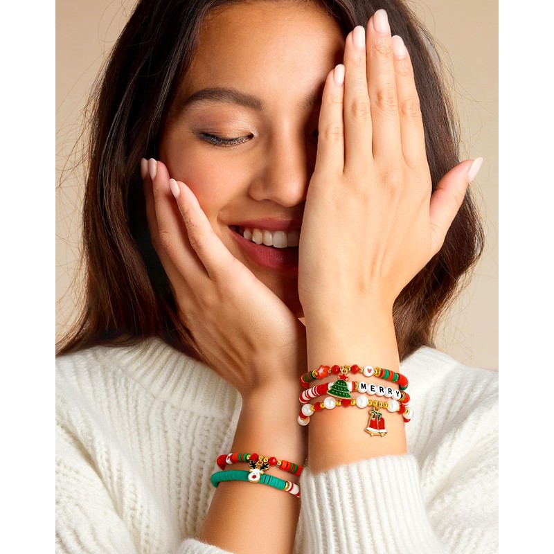 jollone 5 Pack Christmas Bracelets Women Clay Bead Bracelet Xmas