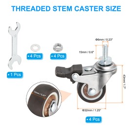 PATIKIL 1.25 Inch Threaded Stem Casters with Brake, 4Pcs M6x15mm Low Profile Swivel Caster Wheels Load Capacity 132 Lbs for Furniture Trolley Cart, Brown