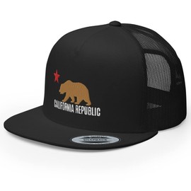 RIVEMUG California Republic State Flag Embroidered High Crown Flat Bill Trucker Hat Bear and Star Snapback Mesh Baseball Cap Black