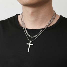RWQIAN Cross Necklace For Men,Mens Cross Necklaces Silver Big Stainless Steel Layered Cuban Link Cross Chain For Men |20 Inch,Simple Religious Christian Cross Pendant Jewelry for Men Gifts