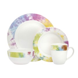 Godinger Dinnerware Set Tie Dye Edge Dinner, Salad Plate, Soup Bowl, and Mug- Bone China - 16 Piece set