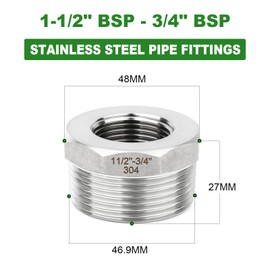 TAISHER 2 Pieces 304 Stainless Steel Reducing Hex Socket 1-1/2" BSP Male x 3/4" BSP Female Thread Reducer Pipe Adapter Fitting for Water, Oil, Air and Gas