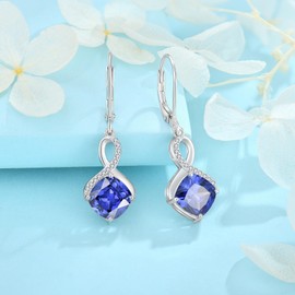 FJ Square Princess Cut Hanging Earrings Women's 925 Sterling Silver Infinity Earrings Birthstone Jewellery Gifts for Women, Sterling Silver Cubic Zirconia, Tanzanite