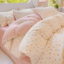 Nayoroom Bed Linen 135 x 200 cm Beige Colourful Dots Pattern Duvet Cover Set 2-Piece Colourful Polka Dot Aesthetic Cute Washed Microfibre Renforce Bedding Sets with Zip and 1 Pillowcase 80 x 80 cm