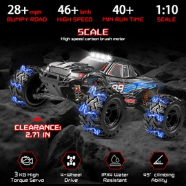 Limodgo Fast Remote Control Car, 1:10 Large Brush RC Car for Adults, Rc Hobby Truck with Headlights, All Terrain 2.4Ghz Electric Hobby Grade Rc Cars, 4WD Off Road Monster Truck for Adults - Blue