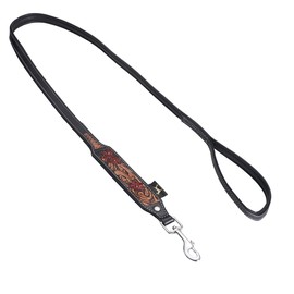 Michur Flora Leather Dog Lead Black Red Brown Leather with Red Floral Pattern Size 150 x 2.5 cm