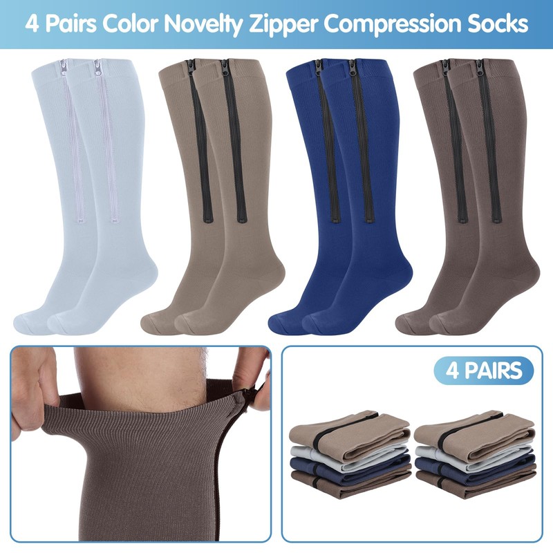 Tarpop 4 Pairs Men Zipper Compression Socks Colorful 20-30mmhg Compression