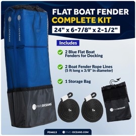Five Oceans Contour Flat Boat Fender, Boat Fenders, Boat Bumpers for Docking, 2-Pack - 24-Inch, Blue, with 3/8-Inch x 5-Foot Fender Line and Convenient Storage Bag, Waterproof PVC Fabric - FO4613