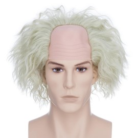 BUYOGET Cosplay Wigs Mens White Blonde Short Curly Wig Mad Scientist Einstein Bald Wig for Halloween Party Movie