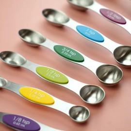 Magnetic Measuring Spoons, 7-piece durable stainless steel, stackable, color-coded handles; strong magnet; for dry and liquid ingredients for Kitchen; dual sided to fit in small spice jars