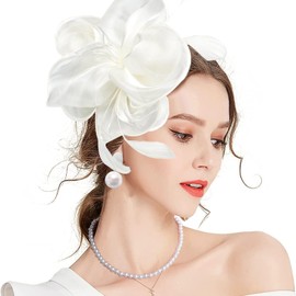 NSODREEM 4 PCS Fascinators Hat Wedding Cocktail Tea Party Headwear with Lace Gloves Pearl Necklace Earrings (White)