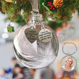 Sympathy Gifts for Loss of Mom,Clear Christmas Memorial Ornament Feather Ball, A Piece of My Heart is in Heaven,Christmas Tree Remembrance Hanging Pendant 3.15 inch (Mom)