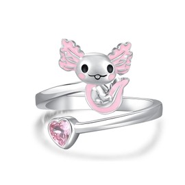 Axolotl Ring 925 Sterling Silver Adjustable Pink Axolotl Open Ring Cute Animal Ring Axolotl Jewellery Gift for Girls Women, Sterling Silver, Cubic Zirconia