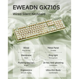 SEUNKWANG EWEADN GX710S Backlit Computer Keyboards, Wired USB Keyboard with Warm Backlit, Metal Panel, Plug and Play, Pudding Keycaps Full Size Quite Computer Keyboard for Win/PC/Laptop-Green