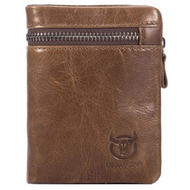 Genuine Leather Men Wallet, RFID Blocking Antimagnetic Credit Card Holder, Zipper Coin Purse Brown