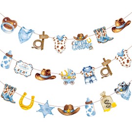 3pcs Little Cowboy Banners, Western Cowboy Bunting Garlands for A Little Cowboy is on the Way Baby Shower Boy Birthday Wild West Gender Reveal Party Supplies