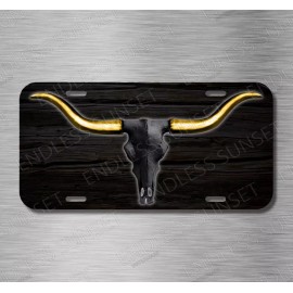 Amel Black Bull Skull Cow Horns Farmer Rancher Farm Beef License Plate Front Auto Tag
