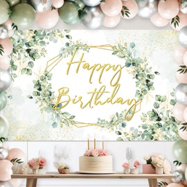 Avezano Sage Green Birthday Backdrop Greenery Eucalyptus Leaves Birthday Party Background Happy Birthday Party Decorations for Women Adults 70.8x43.3 inch