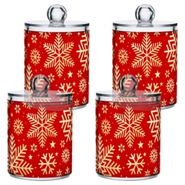 Gredecor Christmas Winter Qtip Holder Dispenser 2 Pack Golden Snowflakes Red Apothecary Jars with Lids Bathroom Vanity Countertop Canister Storage Organizer for Cotton Ball,Swabs,Pads,Floss